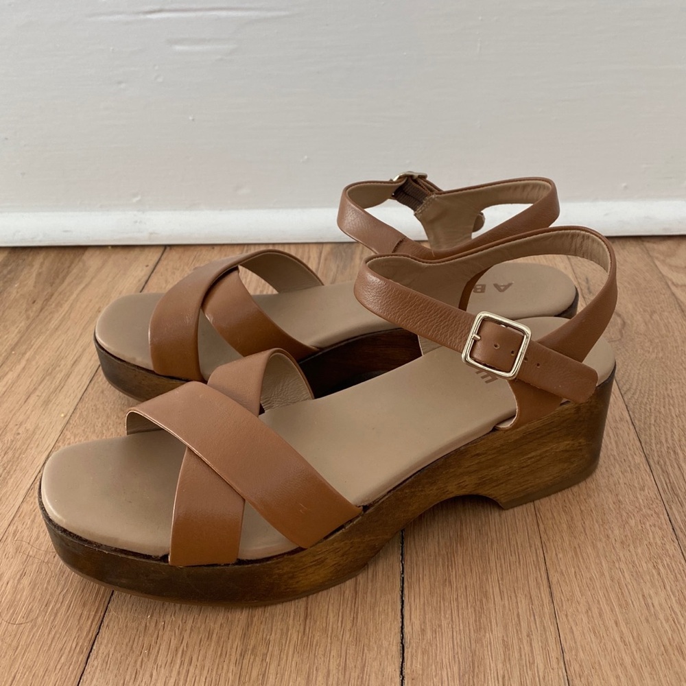 ABLE Cognac Leather Mika Wooden Platform Clog Sandals Size 7